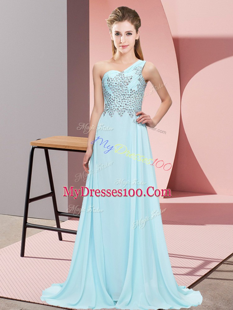 Eye-catching Floor Length Light Blue Ball Gown Prom Dress One Shoulder Sleeveless Side Zipper