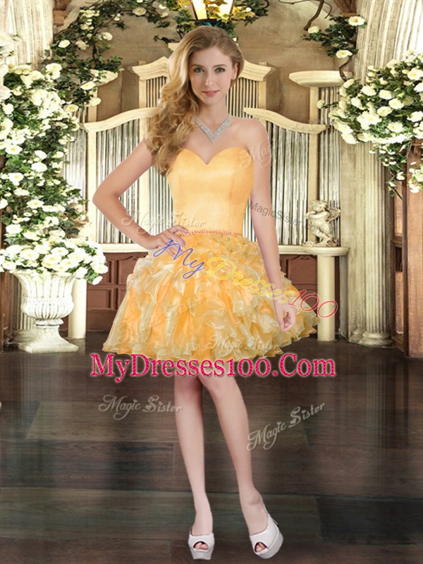 Low Price Organza Sweetheart Sleeveless Lace Up Ruffles Cocktail Dresses in Gold