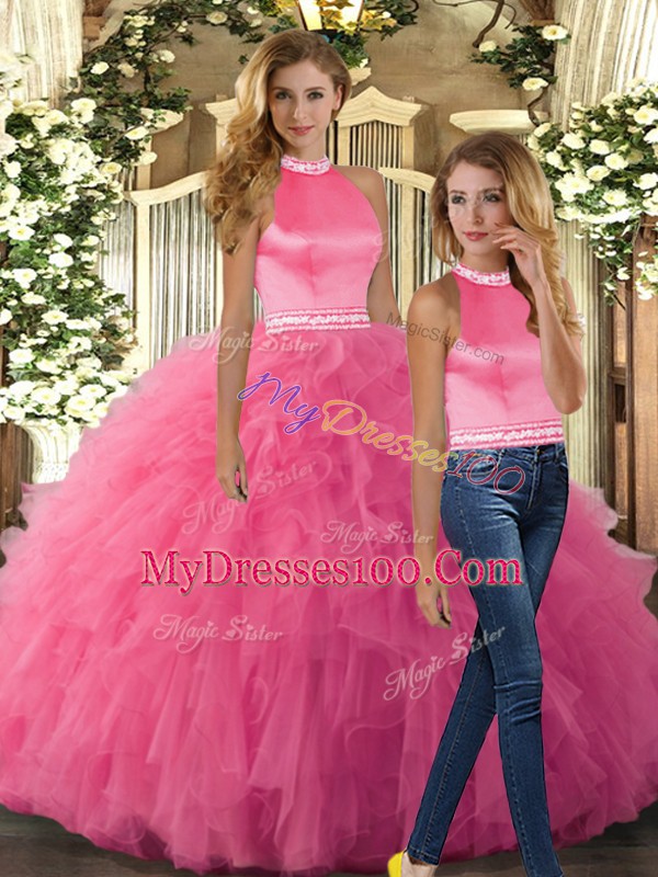 Floor Length Hot Pink Sweet 16 Dresses Halter Top Sleeveless Backless