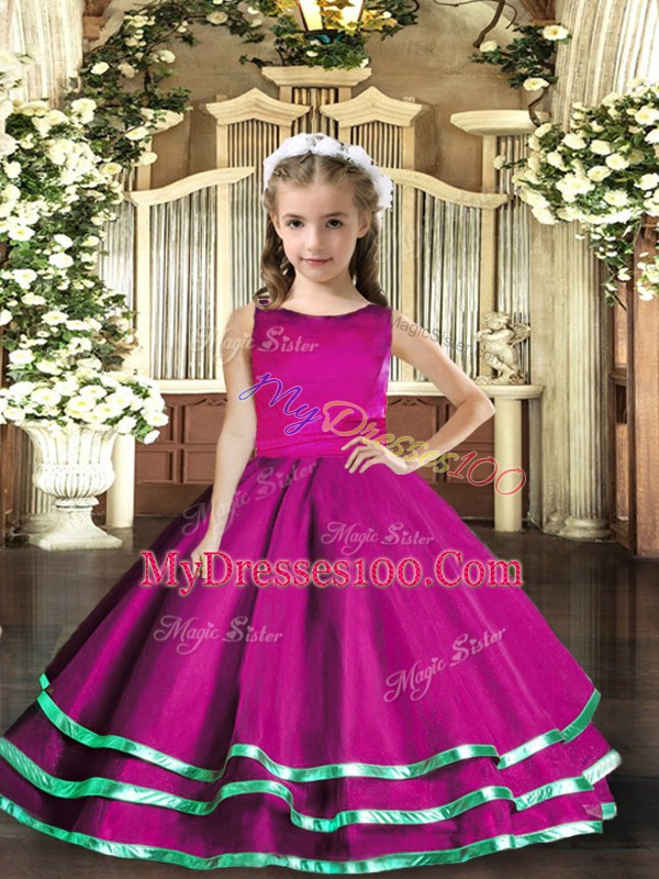 Low Price Fuchsia Ball Gowns Ruffled Layers Pageant Gowns For Girls Lace Up Tulle Sleeveless Floor Length