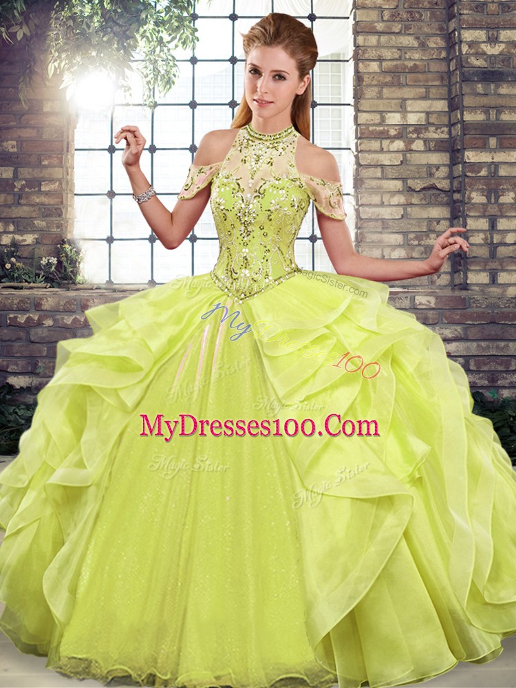Excellent Yellow Green Lace Up Sweet 16 Quinceanera Dress Beading and Ruffles Sleeveless Floor Length