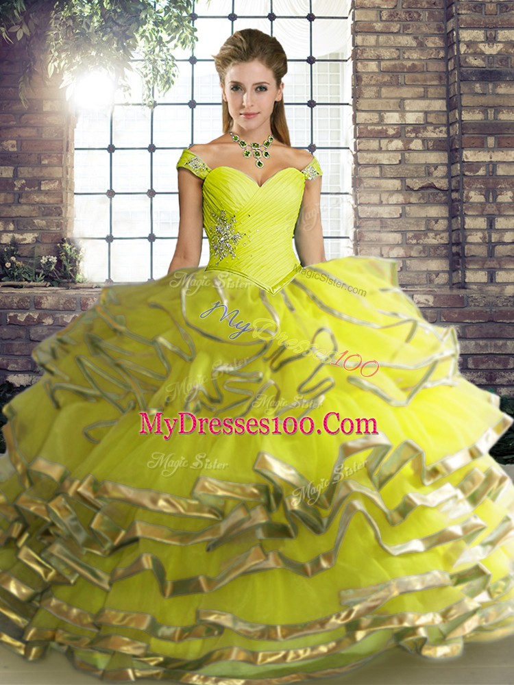 Enchanting Tulle Sleeveless Floor Length Quince Ball Gowns and Beading and Ruffled Layers