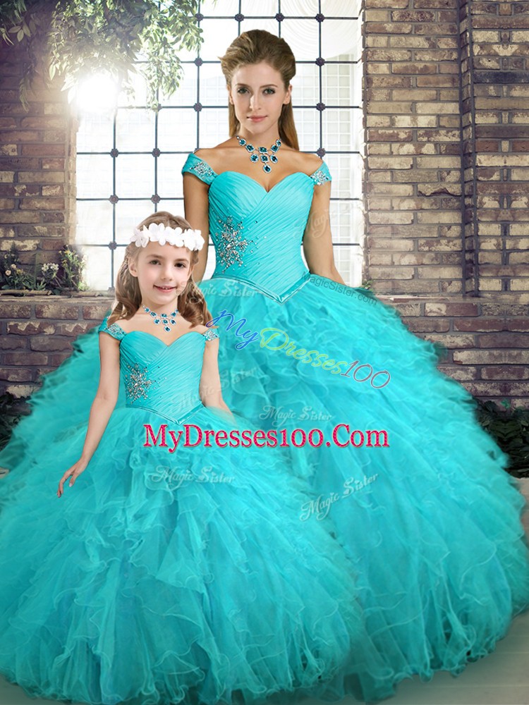 New Arrival Aqua Blue Off The Shoulder Neckline Beading and Ruffles Quinceanera Dress Sleeveless Lace Up
