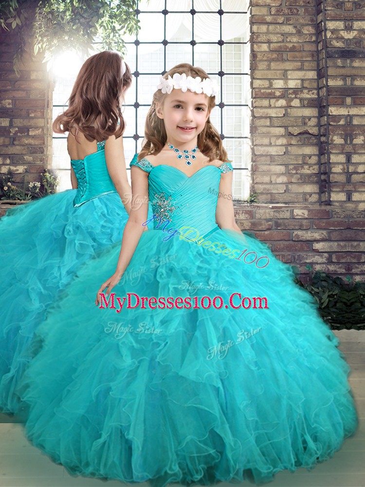 New Arrival Aqua Blue Off The Shoulder Neckline Beading and Ruffles Quinceanera Dress Sleeveless Lace Up