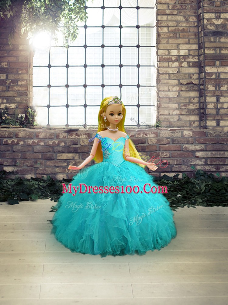 New Arrival Aqua Blue Off The Shoulder Neckline Beading and Ruffles Quinceanera Dress Sleeveless Lace Up