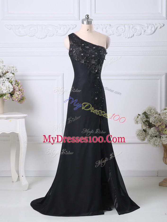 Black Dress for Prom Taffeta Brush Train Sleeveless Beading and Lace