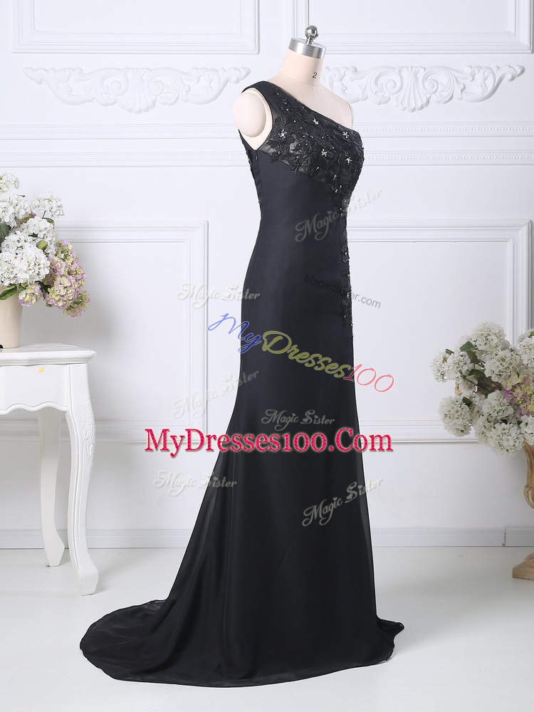 Black Dress for Prom Taffeta Brush Train Sleeveless Beading and Lace