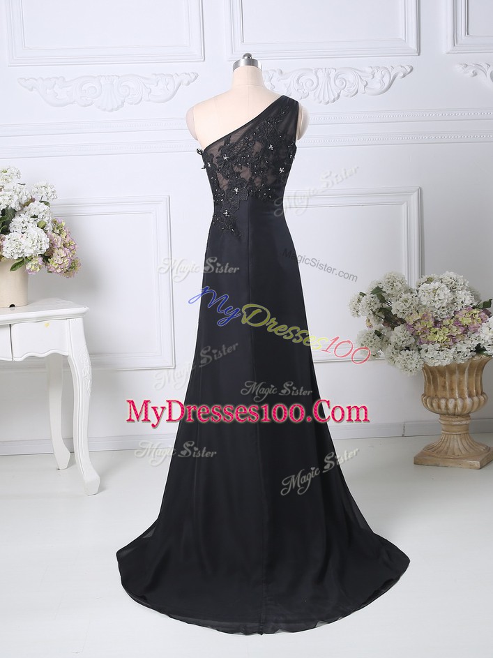 Black Dress for Prom Taffeta Brush Train Sleeveless Beading and Lace