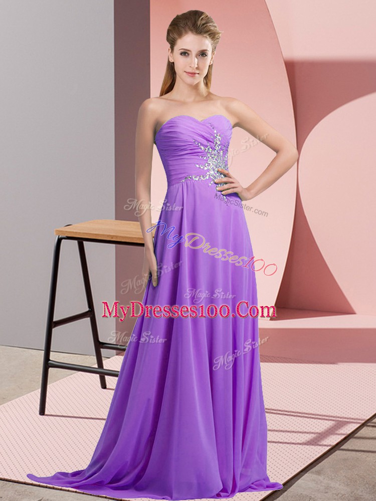 Deluxe Lavender Sweetheart Beading and Ruching Homecoming Dress Chiffon Sleeveless