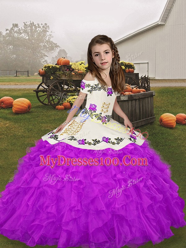 Purple Ball Gowns Straps Sleeveless Organza Floor Length Lace Up Beading and Ruffles Little Girls Pageant Dress Wholesale