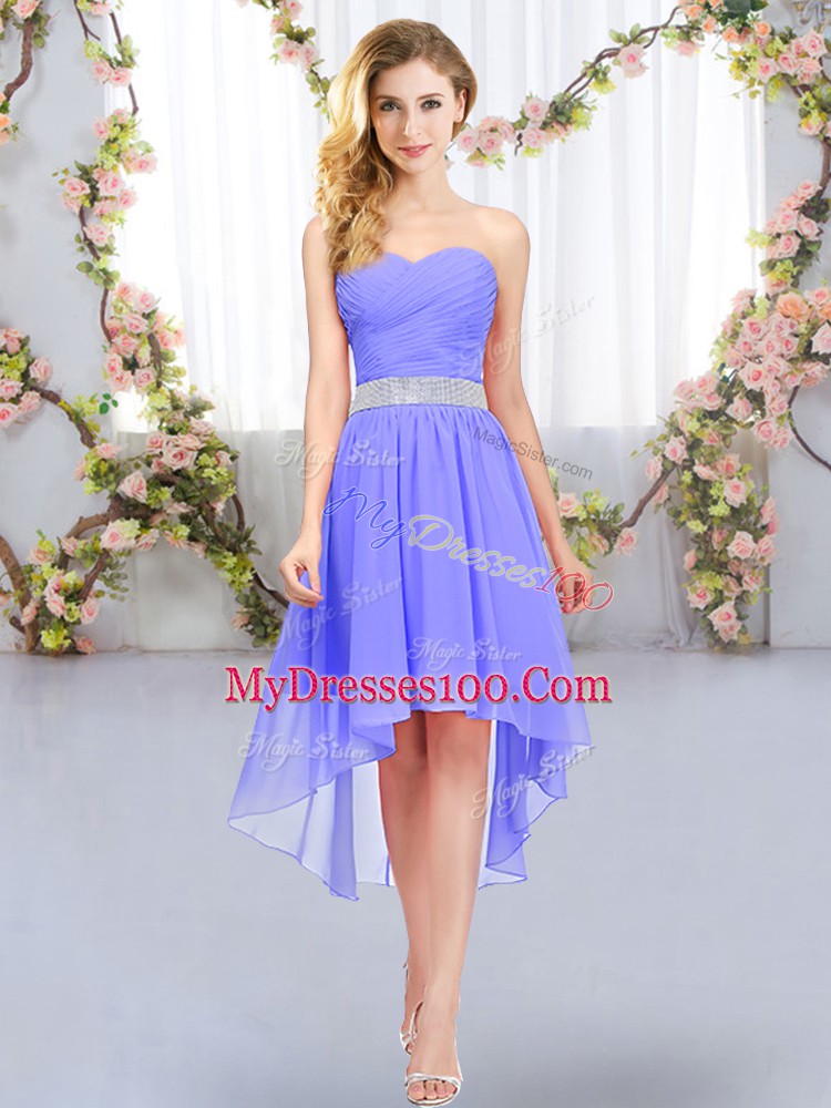 Artistic Lavender Empire Chiffon Sweetheart Sleeveless Belt High Low Lace Up Wedding Party Dress