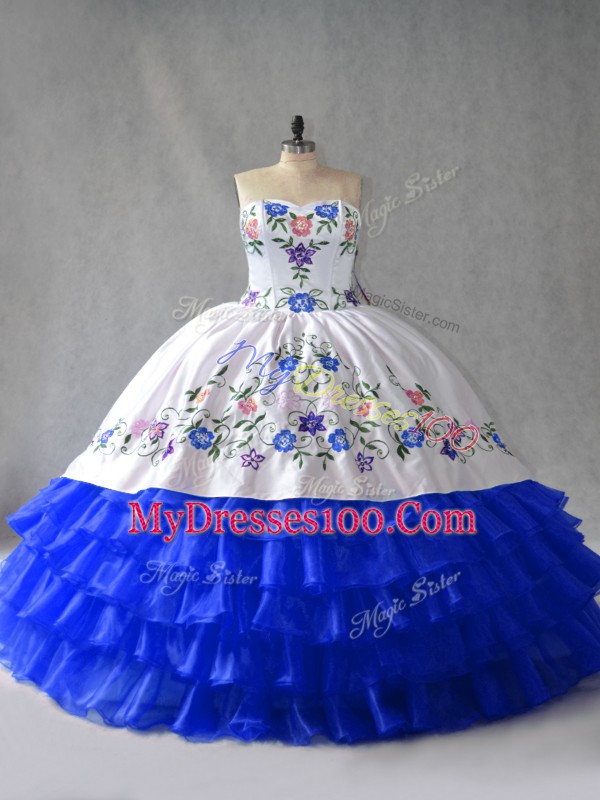 Sleeveless Organza Lace Up 15th Birthday Dress in Royal Blue with Embroidery and Ruffled Layers