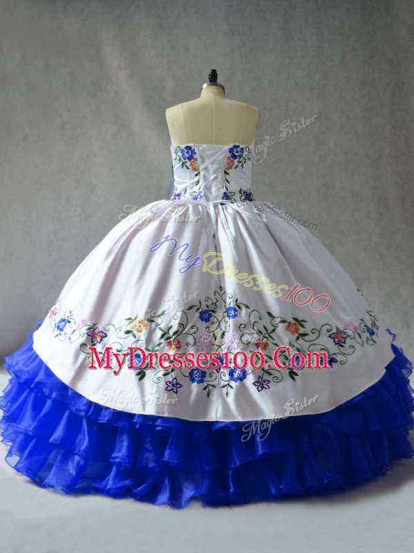 Sleeveless Organza Lace Up 15th Birthday Dress in Royal Blue with Embroidery and Ruffled Layers
