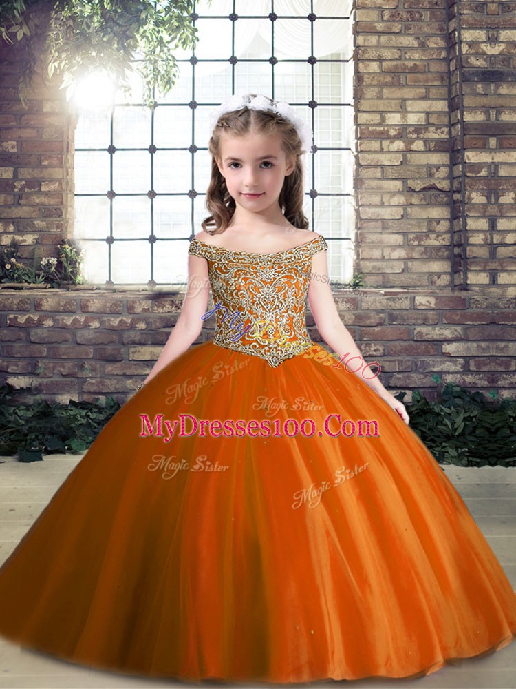 Rust Red Sleeveless Floor Length Appliques Lace Up Little Girls Pageant Gowns