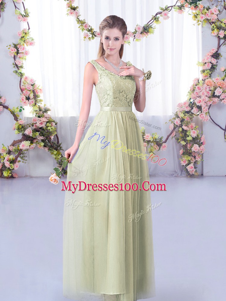Floor Length Side Zipper Bridesmaid Dresses Yellow Green for Wedding Party with Lace and Belt