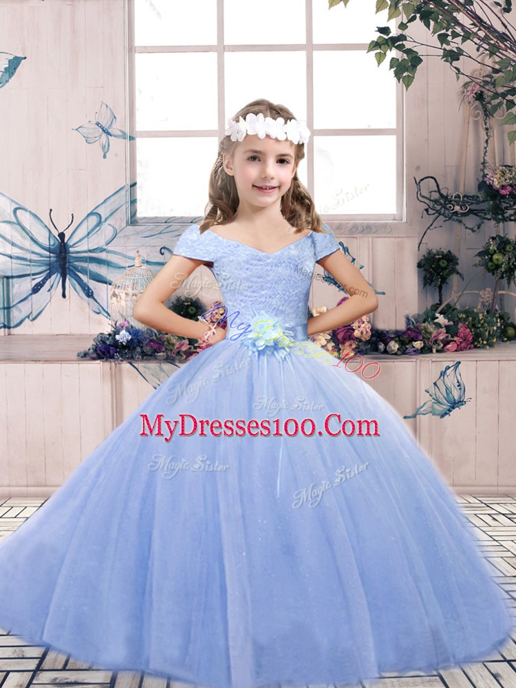 Off The Shoulder Sleeveless Pageant Dress Womens Floor Length Lace and Belt Light Blue Tulle