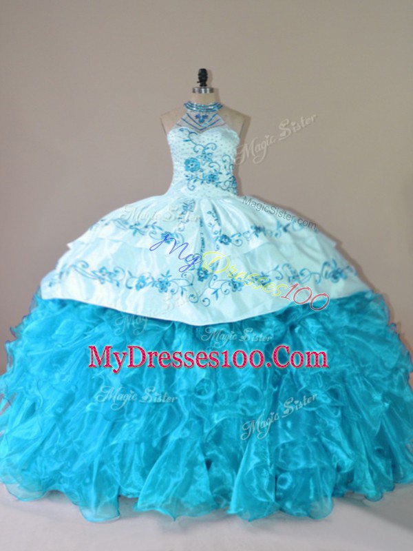 Glamorous Aqua Blue Organza Lace Up 15th Birthday Dress Sleeveless Court Train Embroidery and Ruffles