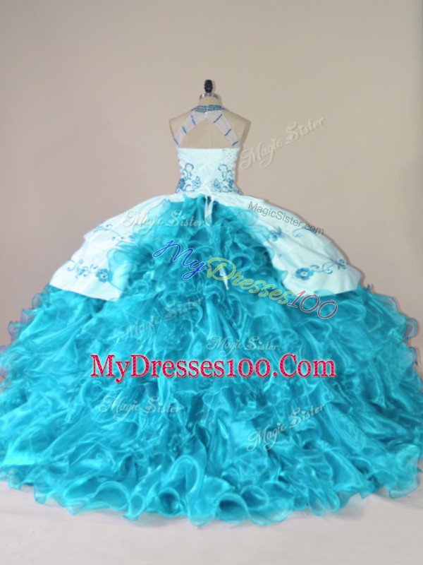 Glamorous Aqua Blue Organza Lace Up 15th Birthday Dress Sleeveless Court Train Embroidery and Ruffles