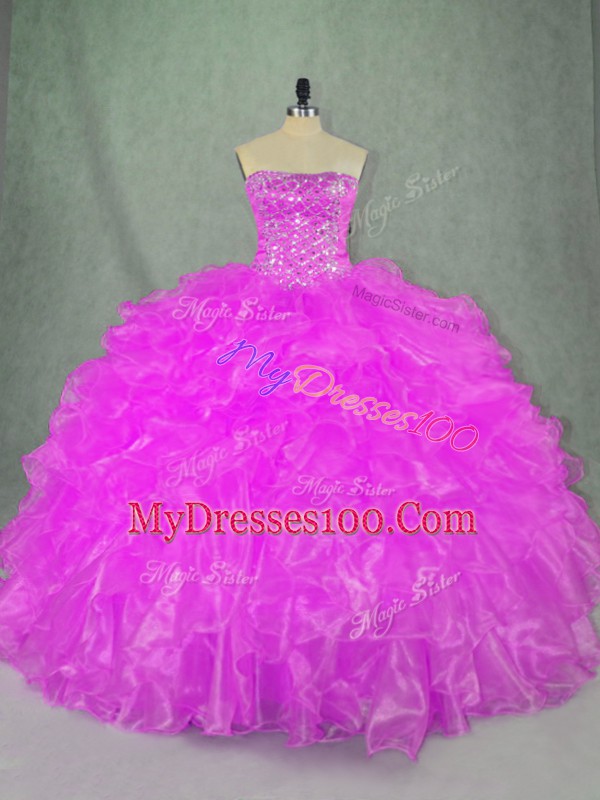 Glamorous Strapless Sleeveless Quince Ball Gowns Floor Length Beading and Ruffles Lilac Organza