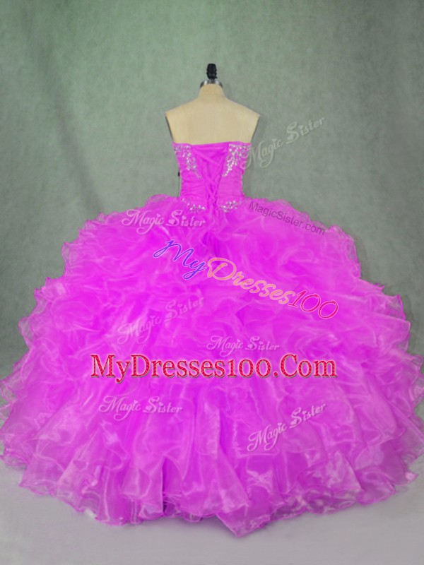 Glamorous Strapless Sleeveless Quince Ball Gowns Floor Length Beading and Ruffles Lilac Organza