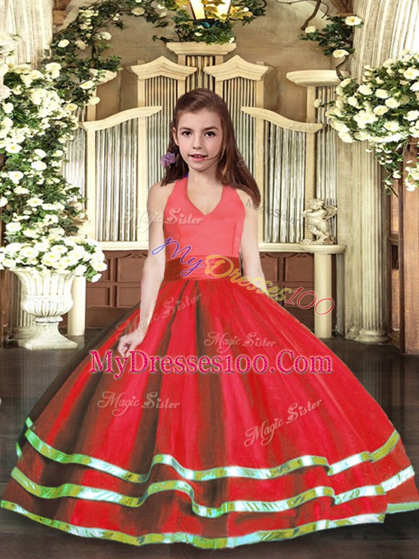 Perfect Sleeveless Floor Length Ruffled Layers Lace Up Little Girl Pageant Gowns with Red