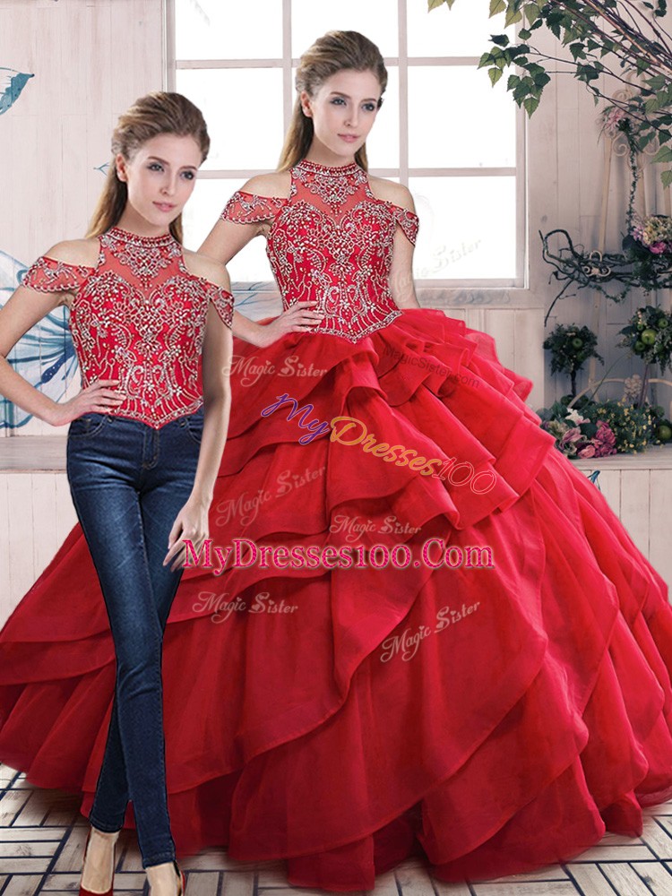 Elegant Halter Top Lace Up 15 Quinceanera Dress Red Organza