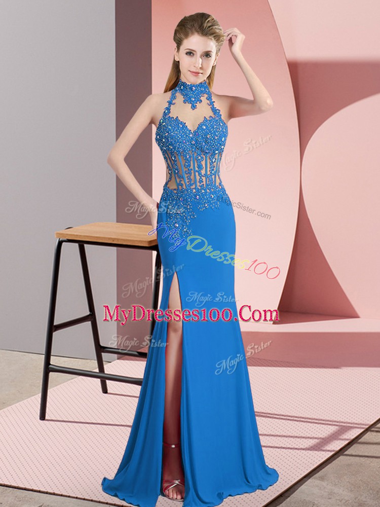 Floor Length Blue Prom Dress Halter Top Sleeveless Backless