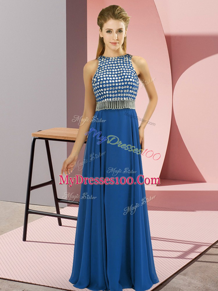 Most Popular Blue Chiffon Side Zipper Scoop Sleeveless Floor Length Prom Party Dress Beading