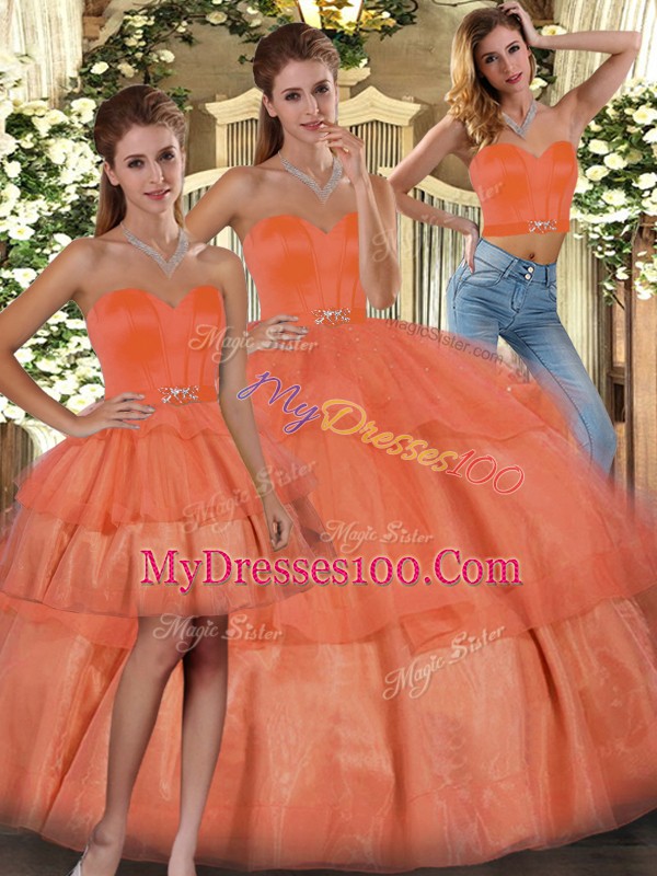 Organza Sweetheart Sleeveless Lace Up Ruffled Layers Quinceanera Gowns in Orange