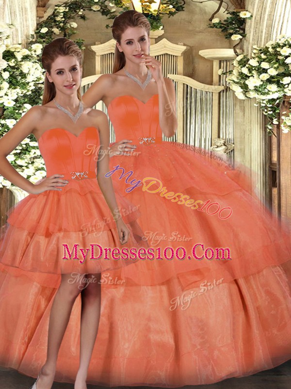 Organza Sweetheart Sleeveless Lace Up Ruffled Layers Quinceanera Gowns in Orange