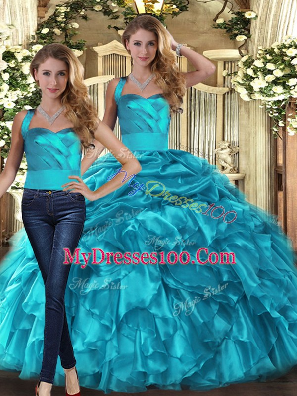 Two Pieces Ball Gown Prom Dress Teal Halter Top Organza Sleeveless Floor Length Lace Up