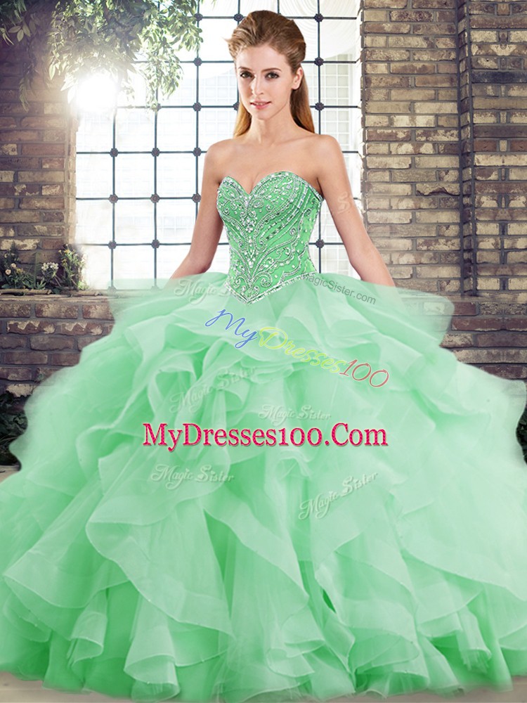 Charming Green Sleeveless Tulle Brush Train Lace Up Sweet 16 Dresses for Military Ball and Sweet 16 and Quinceanera