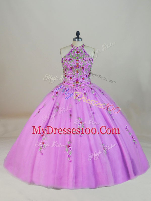 Halter Top Sleeveless Tulle Sweet 16 Dress Appliques and Embroidery Brush Train Lace Up