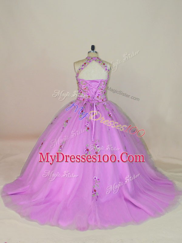 Halter Top Sleeveless Tulle Sweet 16 Dress Appliques and Embroidery Brush Train Lace Up