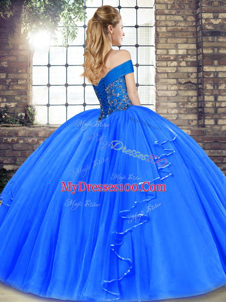 Affordable Red Lace Up Off The Shoulder Beading and Ruffles Sweet 16 Quinceanera Dress Tulle Sleeveless