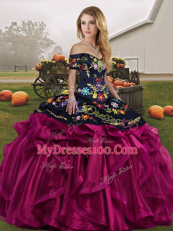 Luxurious Floor Length Fuchsia 15 Quinceanera Dress Off The Shoulder Sleeveless Lace Up