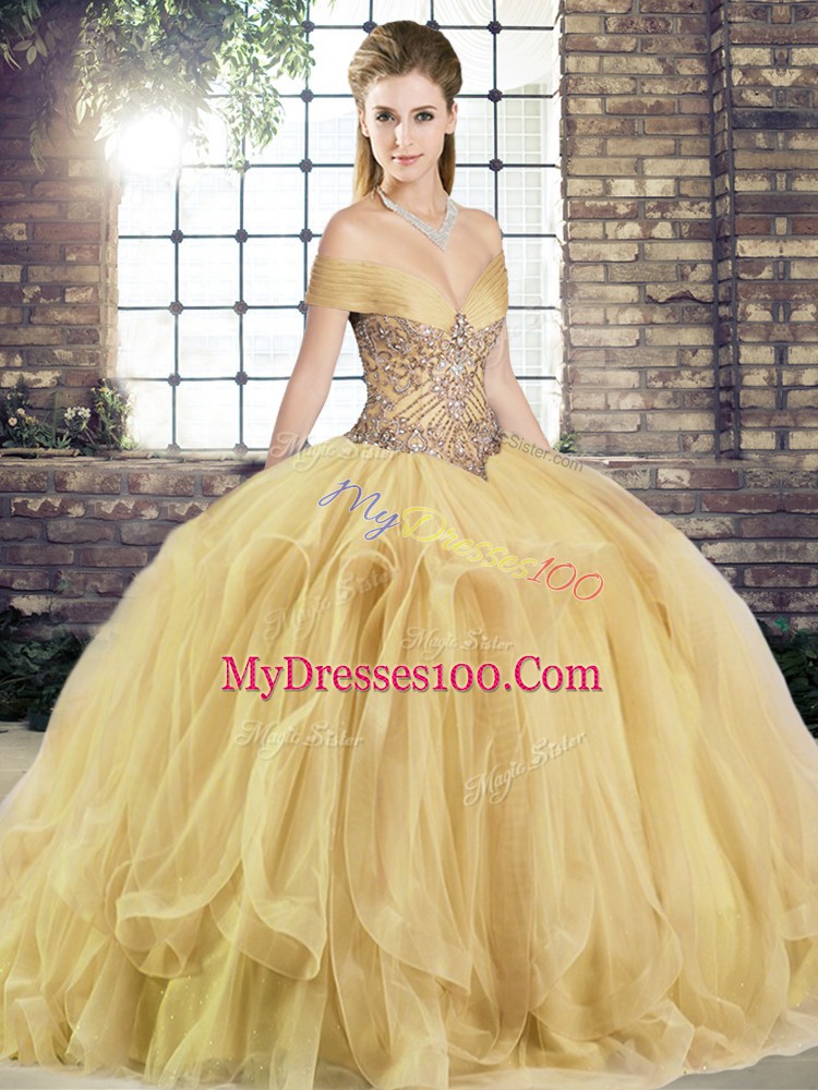 Gold Lace Up Quinceanera Gowns Beading and Ruffles Sleeveless Floor Length