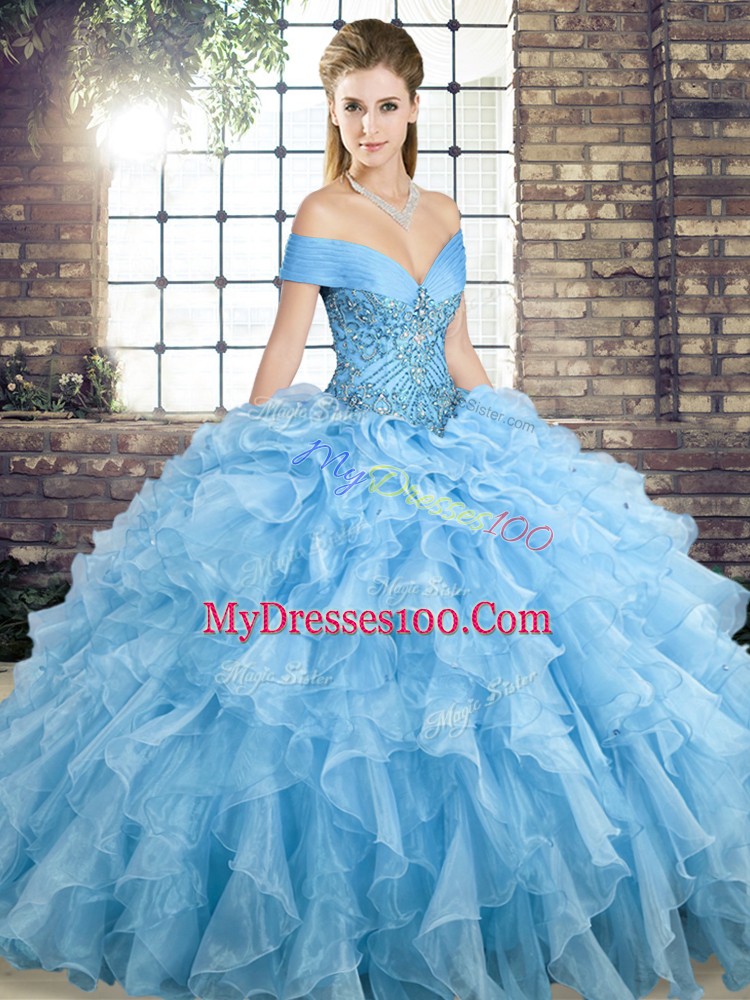 Inexpensive Sleeveless Brush Train Beading and Ruffles Lace Up Quince Ball Gowns
