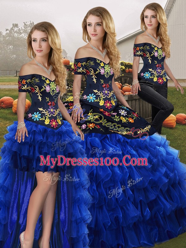 Inexpensive Sleeveless Organza Floor Length Lace Up 15 Quinceanera Dress in Blue And Black with Embroidery and Ruffled Layers