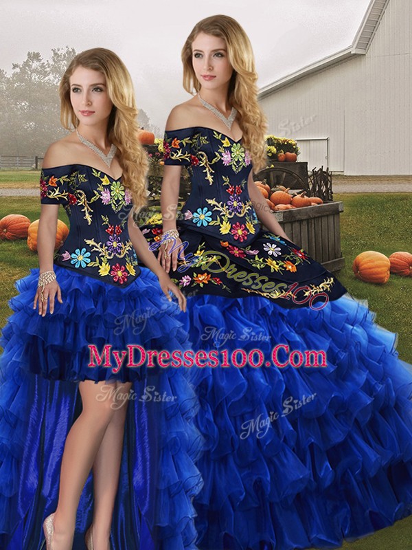 Inexpensive Sleeveless Organza Floor Length Lace Up 15 Quinceanera Dress in Blue And Black with Embroidery and Ruffled Layers