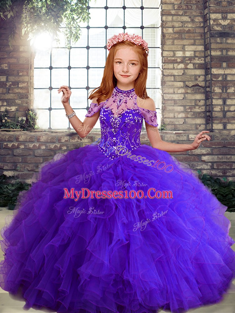 Purple Lace Up Pageant Dress Toddler Beading and Ruffles Sleeveless Floor Length