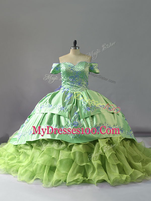 Fantastic Organza Off The Shoulder Sleeveless Chapel Train Lace Up Embroidery and Ruffles Quince Ball Gowns in Yellow Green