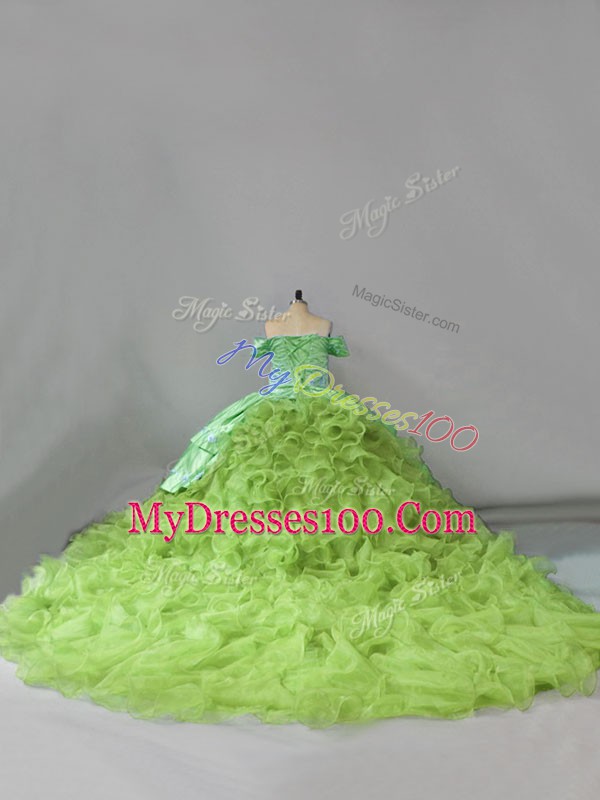 Fantastic Organza Off The Shoulder Sleeveless Chapel Train Lace Up Embroidery and Ruffles Quince Ball Gowns in Yellow Green