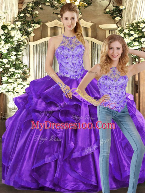 Purple Organza Lace Up Halter Top Sleeveless Floor Length Quinceanera Dress Beading and Ruffles