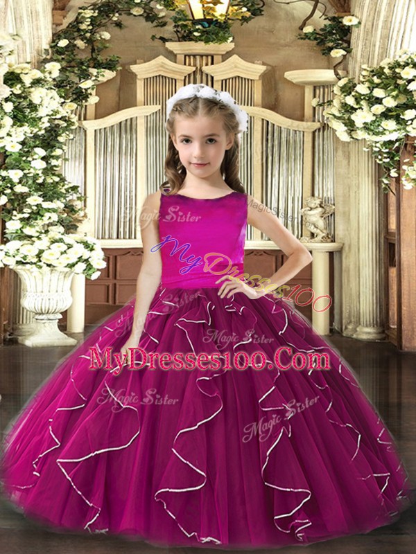 Custom Made Floor Length Ball Gowns Sleeveless Fuchsia Little Girl Pageant Gowns Lace Up
