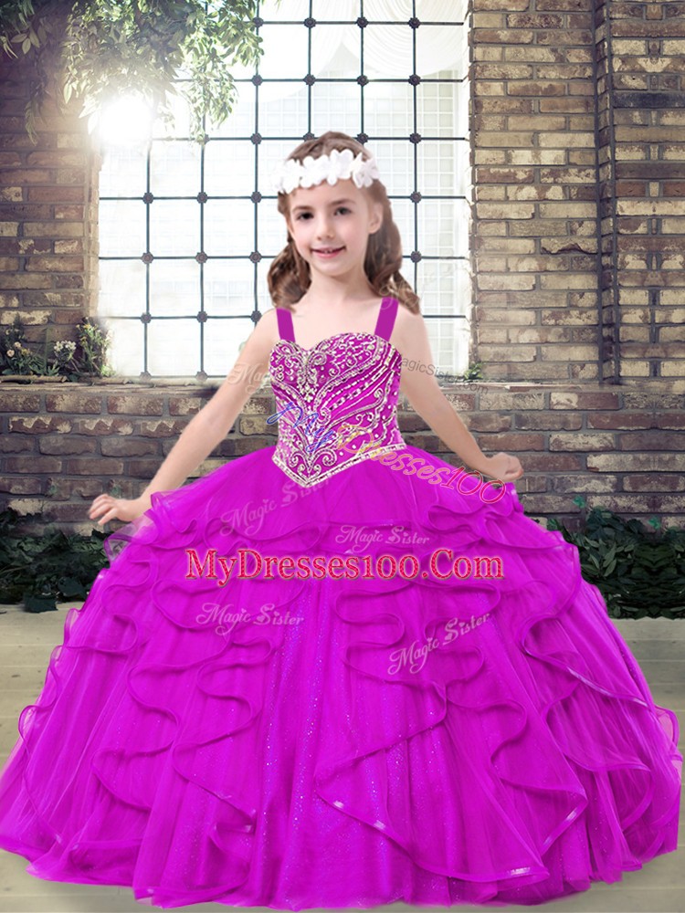 Fuchsia Lace Up Straps Beading and Ruffles Kids Formal Wear Tulle Sleeveless
