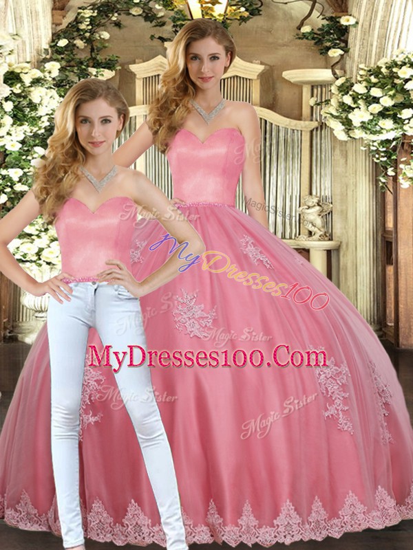 Watermelon Red Lace Up Ball Gown Prom Dress Appliques Sleeveless Floor Length