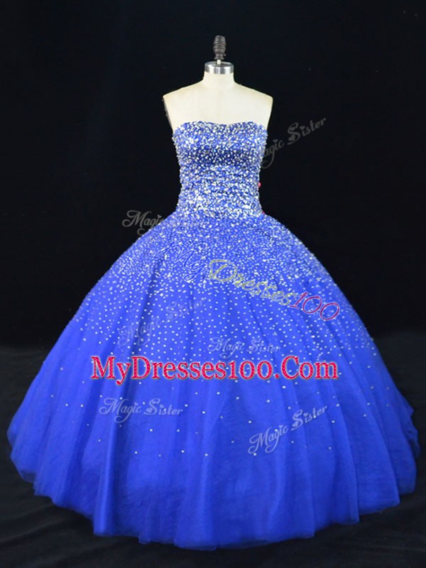 Royal Blue Strapless Neckline Beading Quinceanera Gown Sleeveless Lace Up