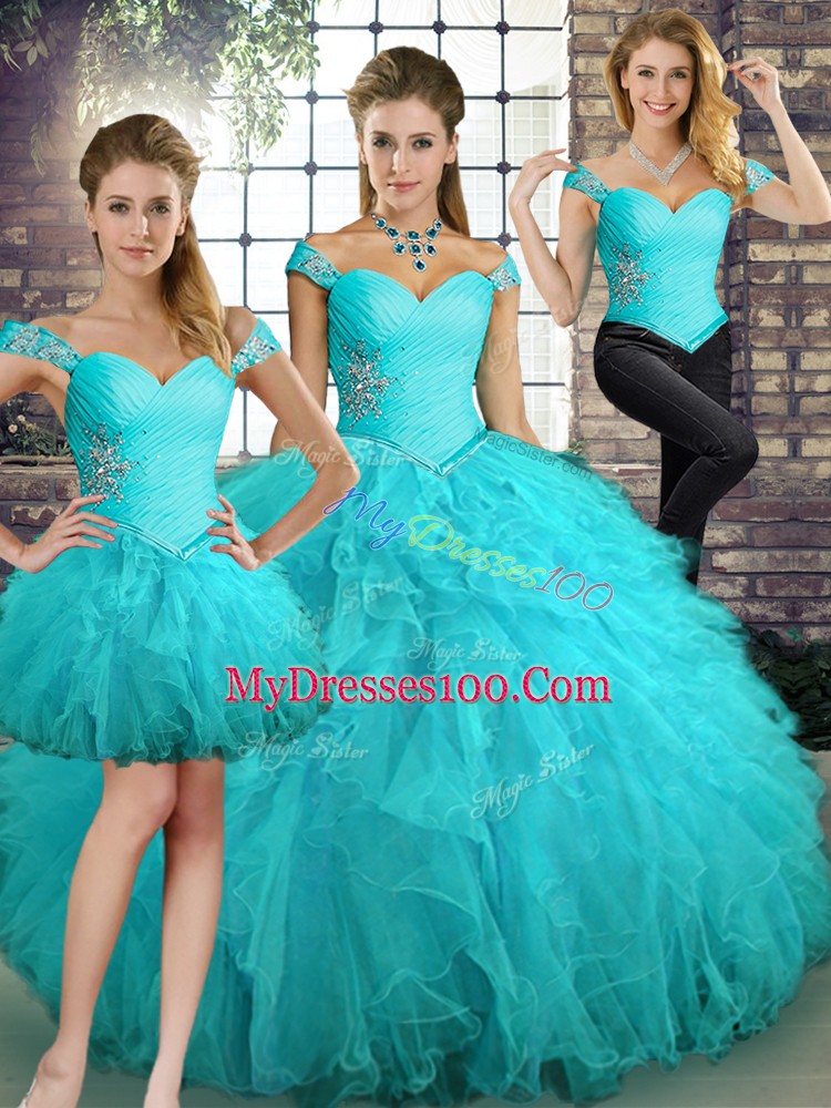 Excellent Aqua Blue Sleeveless Floor Length Beading and Ruffles Lace Up Sweet 16 Dresses