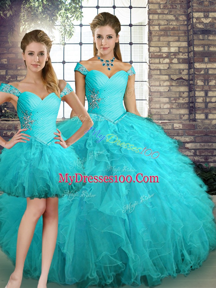 Excellent Aqua Blue Sleeveless Floor Length Beading and Ruffles Lace Up Sweet 16 Dresses